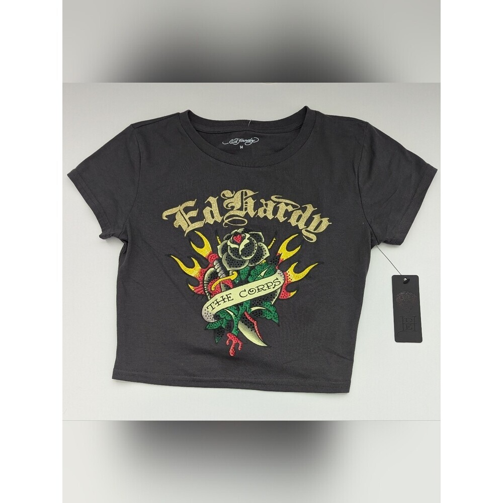 NWT Ed Hardy Jr. Ladies (M) Grey Cropped T-Shirt w/Graphics/Rhinestones/Glitter